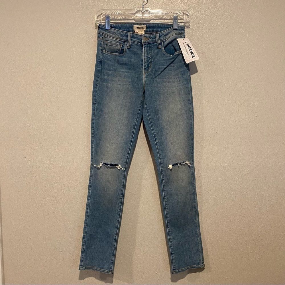 L’AGENCE light wash distressed skinny jeans